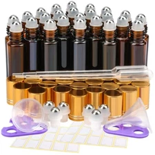 KAMOTA Essential Oil Roller Bottles, 24 Pack 10 ml Amber Glass Roller Bottles