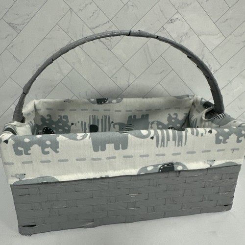 Multi Elephant Print Gray White Woven Basket Handle Storage Organize Nursery - Picture 6 of 11