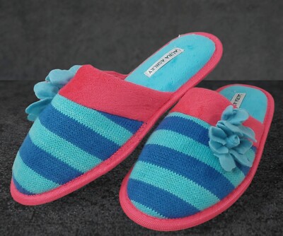 Womens Slippers Size M Slip On Pink Blue Striped Comfort Memory  Foam