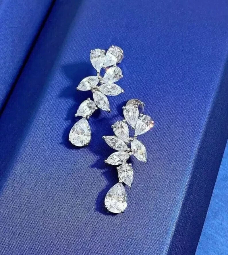 Pear Cut Simulated Diamond 925 Silver Drop/Dangle Earrings 14k White Gold Plated - Image 2 of 4