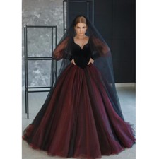 Gothic Black with Red Wedding Dresses Puffy Sleeve Button Ball Gown Bridal Gowns