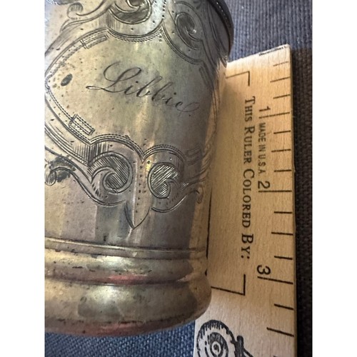 Vintage Antique coin silver ? handled cup children engraved Libbie Name 3x2”mug - 第 16/16 張圖片
