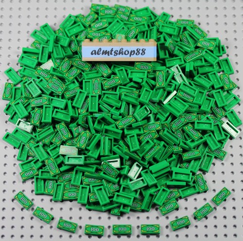 LEGO - 1x2 Tiles w/ 100 Dollar Bill Print Money Bank Green Back Minifigure City - Afbeelding 1 van 7