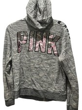 PINK Y2K Sequin Bling Logo Hoodie Gray Full Zip Sweatshirt L Victoria Secret