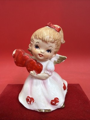 アンティーク　昭和レトロ　オルゴール　lefton社？　バレンタインガール Vintage Lefton Valentine Angel Girl Ceramic Red Hearts Gold Trim