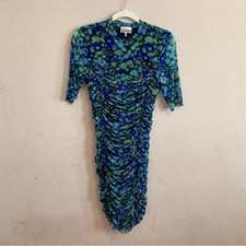GANNI Floral Printed Mesh Scandi Cool Quarter Sleeve Ruched Sheath Dress Size 34