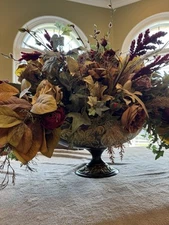 Heavy Large Silk Floral Centerpiece in Footed Urn – Fall Colors Table Decor