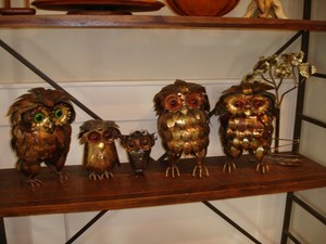 Mid Century Modern 5 Metal Owls Family with Tree