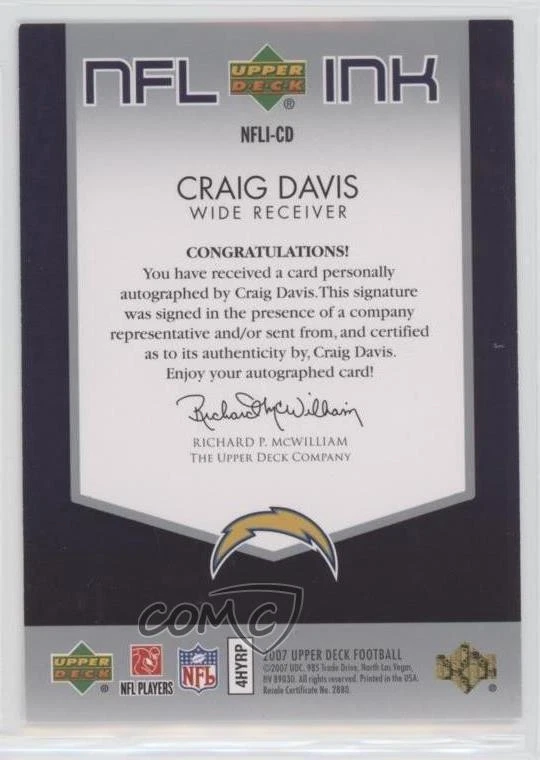 2007 Upper Deck NFL Ink Craig Davis #NFLI-CD Rookie Auto RC - Image 2 of 2