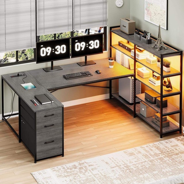 Reversible U Shaped Corner Desk With LED Lights