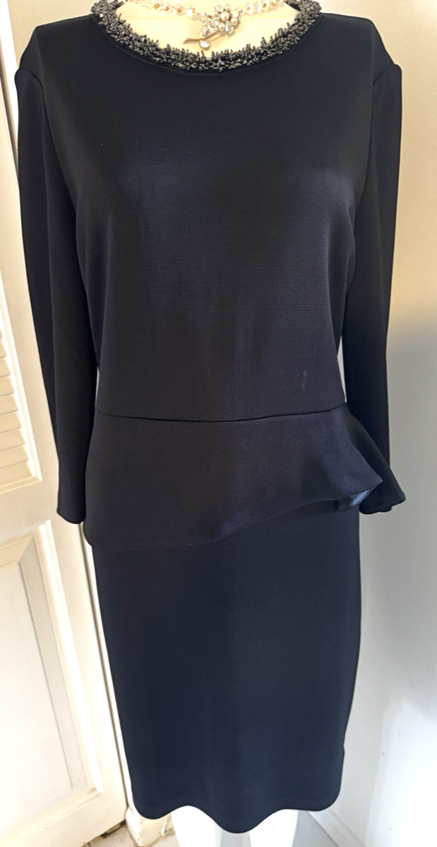 St John Black Knit Silver Shimmer Sparkle Peplum Dress Size