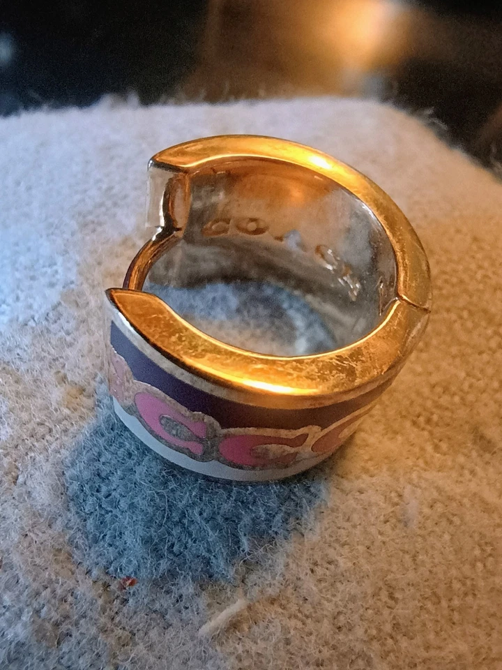 Authentic COACH Signature Purple /pink/white W.Gold-Tone Thick Hoop Earrings NEW - Image 2 of 3