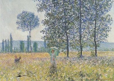 Postkarte: Claude Monet - Felder im Frühling / Frau mit Sonnenschirm