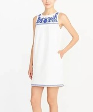 J. Crew Embroidered White Blue Floral Linen / Cotton Vacation Shift Dress XS