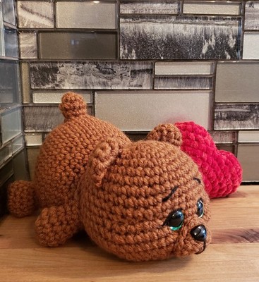 Crochet Bear Laying W/ Heart Handmade Amigurumi Gift 8'' Long Adorable 