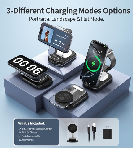 Stazione di Ricarica Wireless Magnetica 3 in 1 per Dispositivi Apple, Pieghevole Veloce Tr... - Foto 4 di 8