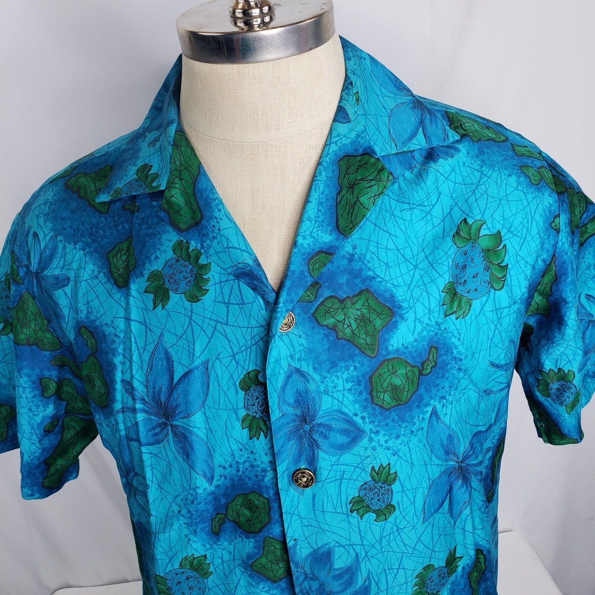 Vtg 50s Royal Hawaiian Shirt Sz M Blue Aloha Floral Coin Buttons 