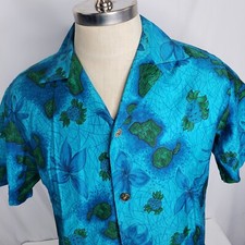 Vtg 50s Royal Hawaiian Shirt Sz M Blue Aloha Floral Coin Buttons Islands