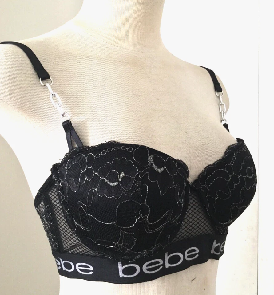 BEBE  Intimate Push up Brass Silver Metallic Lace  Bra Logo Chains  Blk 36B - Image 4 of 4