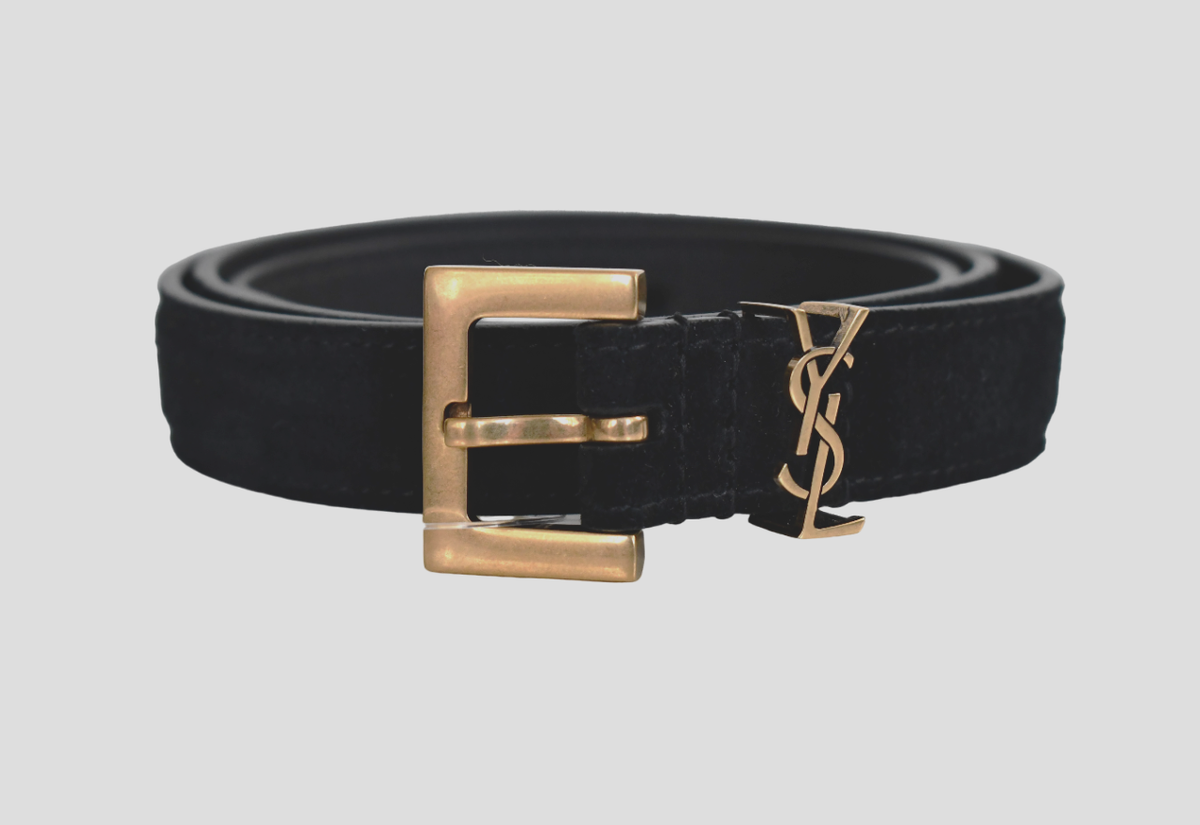 【関税&送料込】Saint Laurent Ysl Logo Belt SAINT LAURENT Solid Black SUEDE YSL-LOGO CASSANDRE Women's