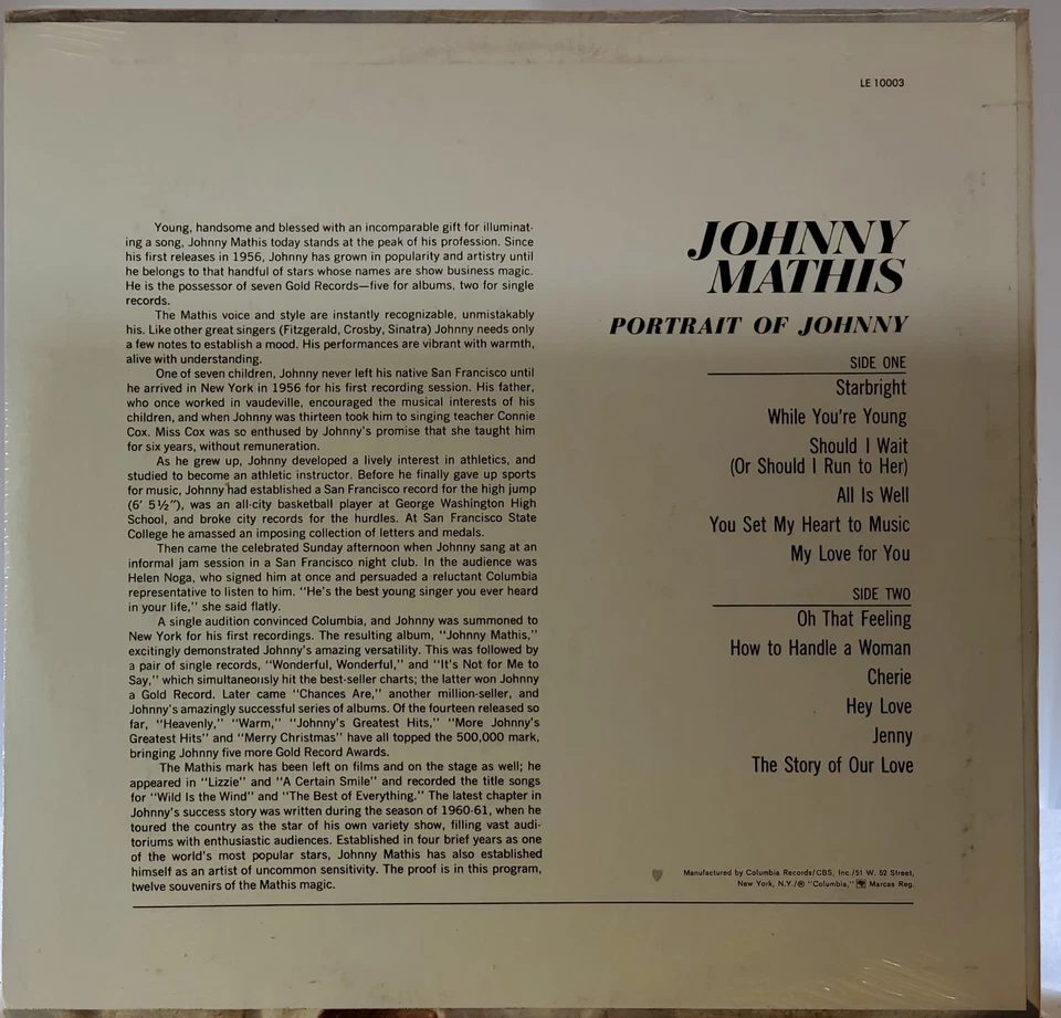 Johnny Mathis–Portrait Of Johnny, 1971, Columbia LE 10003 [Mint, Reissue] - Image 2 of 2