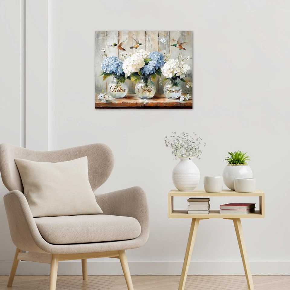 Rustic Plant Blue Hydrangea Hummingbird Canvas Wall Art for Bathroom Living Room - Image 3 of 4