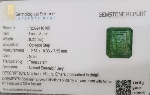 Big Size GSI Certified 8.22ct Natural Zambian Emerald Loose Gemstone - Picture 7 of 7