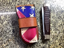 Leather Folding Knife Belt Loop Case Sheath Trapper Size(Sheath Only) USA Flag