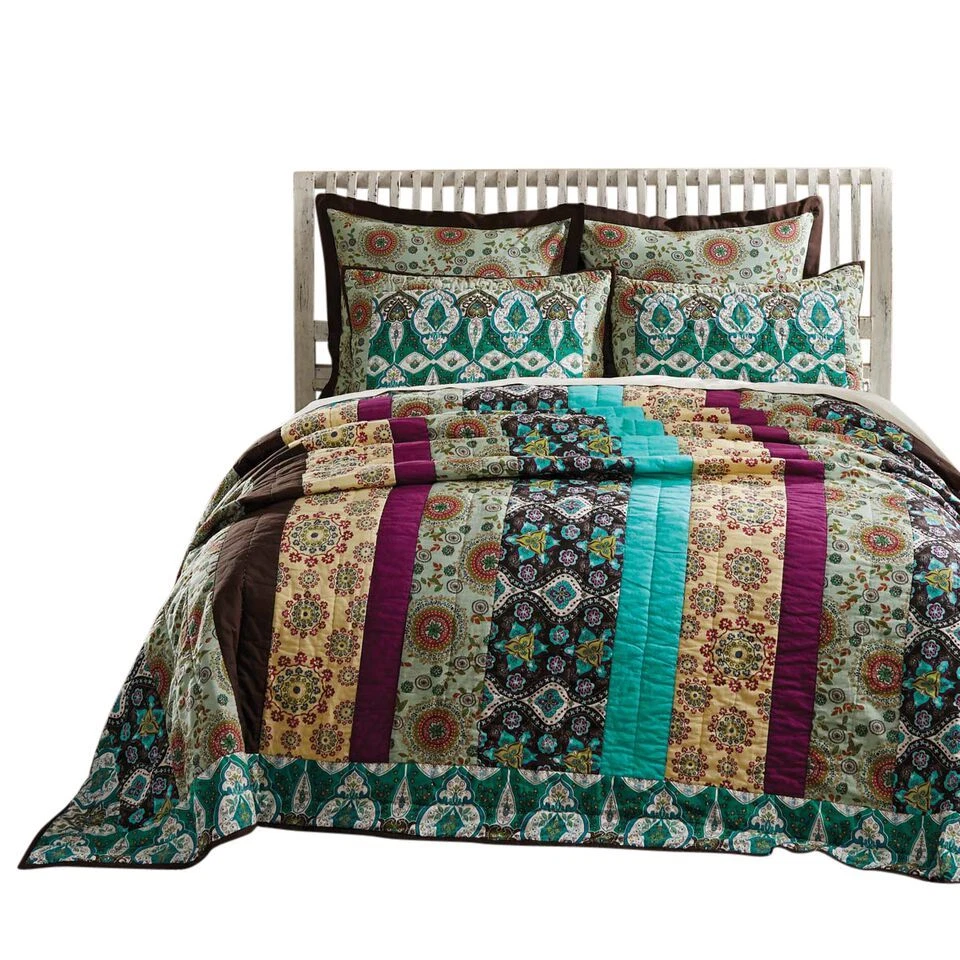 Capri 100% Cotton Bohemian Queen Quilt Multicolor Floral Strip Quilted Bedspread - Image 4 of 4