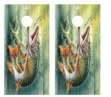 Northern Pike Fishing Barnwood Cornhole Board Wraps FREE LAMINATION 2769
