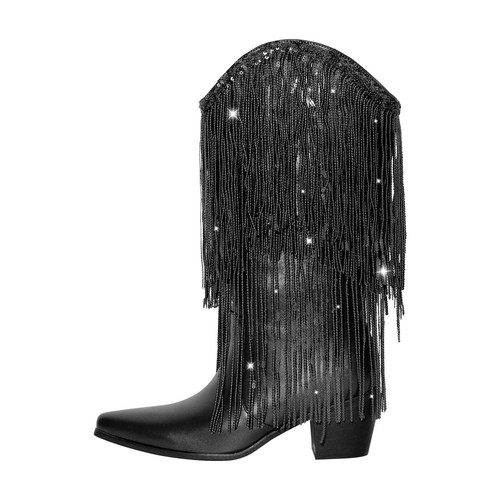 Women Fashion Cowboy Fringe Tassel Western Boot Mid Calf Stack Chunky Heel Shoes - Picture 2 of 10