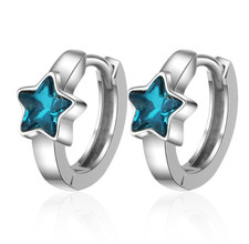 Women Sterling Silver Blue CZ Star Huggie Hoop Earrings 12mm Gift Box I118