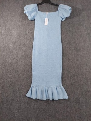Baltic Born Dress Womens M Blue Alana Smocked Midi Puff Sleeve Sundress Ruffle