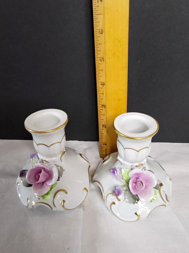 Pair Hand Painted Czech Porcelain Rose Floral Taper Candlestick Holders