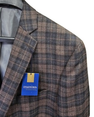 Stafford Mens Brown Grey Plaid Slim-Fit Sport Coat Blazer Size 48 Reg NWT