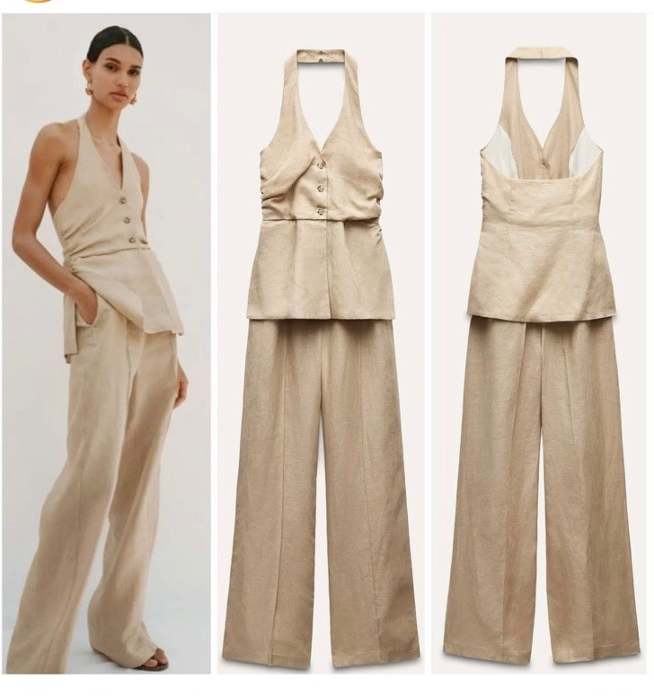 ZARA【NEW】HALTER NECK LINEN BLEND JUMPSUIT New Zara Linen Halter Neck Vest Jumpsuit Wide Leg XS. Retail