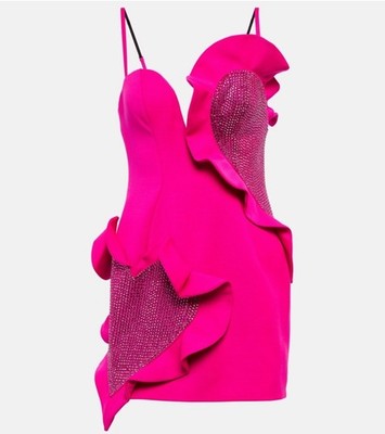 New Area Heart Ruffle Mini Dress Fuchsia Wool Crystals Fitted Hot Pink 2 NWT