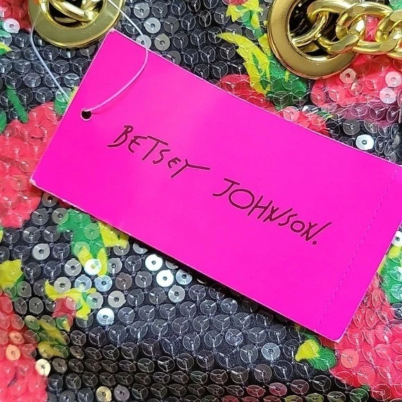 Bolso de Mano Betsey Johnson Nuevo con Etiquetas Negro Floral Lentejuelas Dorado Cadena Correas Bolso de Hombro Foto 2 de 4