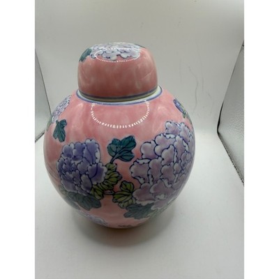 Vintage Pink Ceramic Ginger Jar with Purple Floral Peony Design and Lid 7 Inch