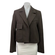 Zara Brown Gingham Plaid Cropped Tailored Notch Pocket Blazer Coat Jacket Sz XS
