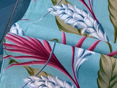 Ginger & Palms on Aqua Retro Mid Century Barkcloth Vintage Fabric Drape Curtains