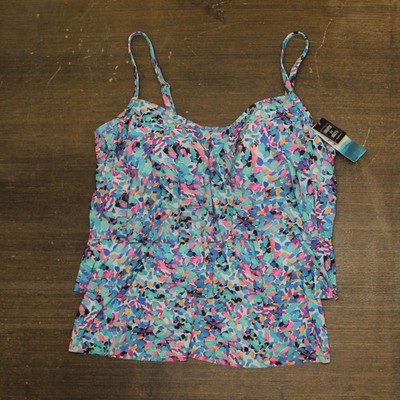 Swim Solutions Ruffle-Tiered Picasso Terrazzo Tankini Swim Top Blue Multi 18