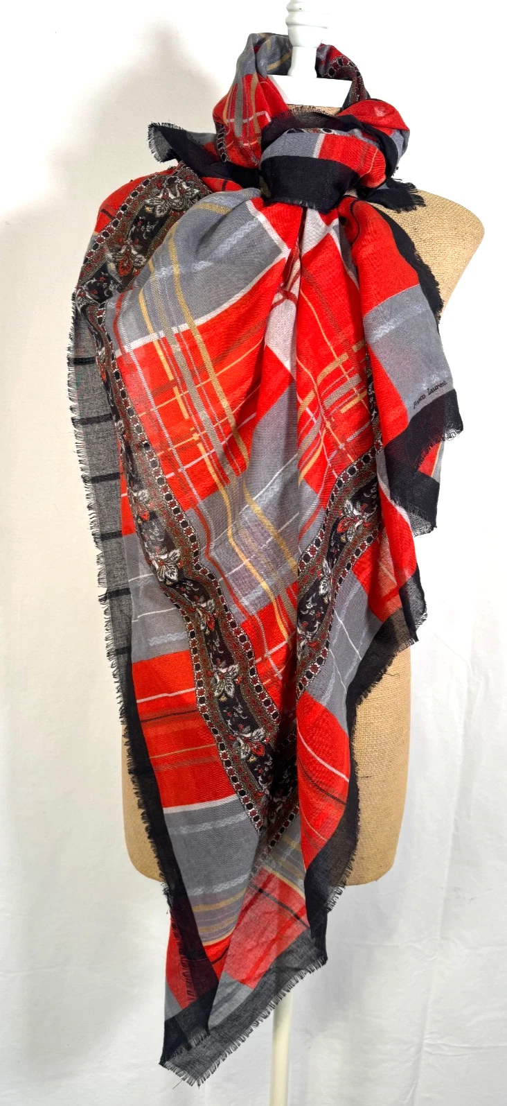 Vintage Franco Laurenti Check Tartan Floral Italian Scarf Large Square Shawl