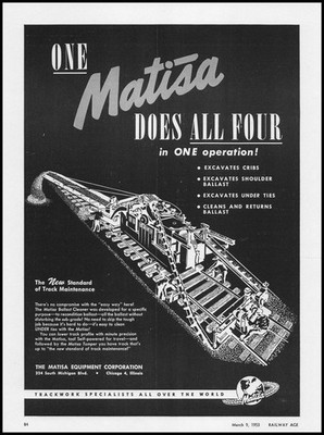 1953 Matisa Equipment Train Track Specialists Chicago Ballast Cleaner Print Ad
