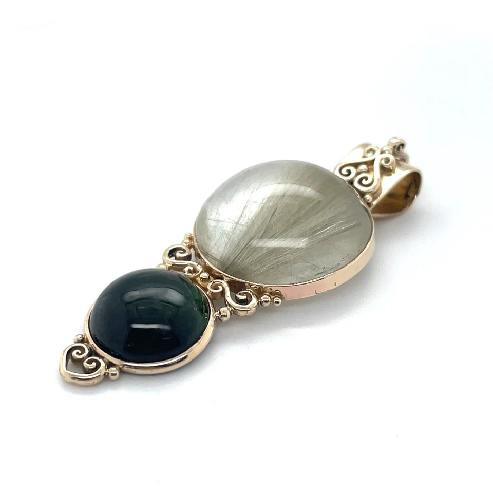 Handmade 14k Yellow Gold Double Round Green Tourmaline Rutilated Quartz Pendant - Image 4 of 4