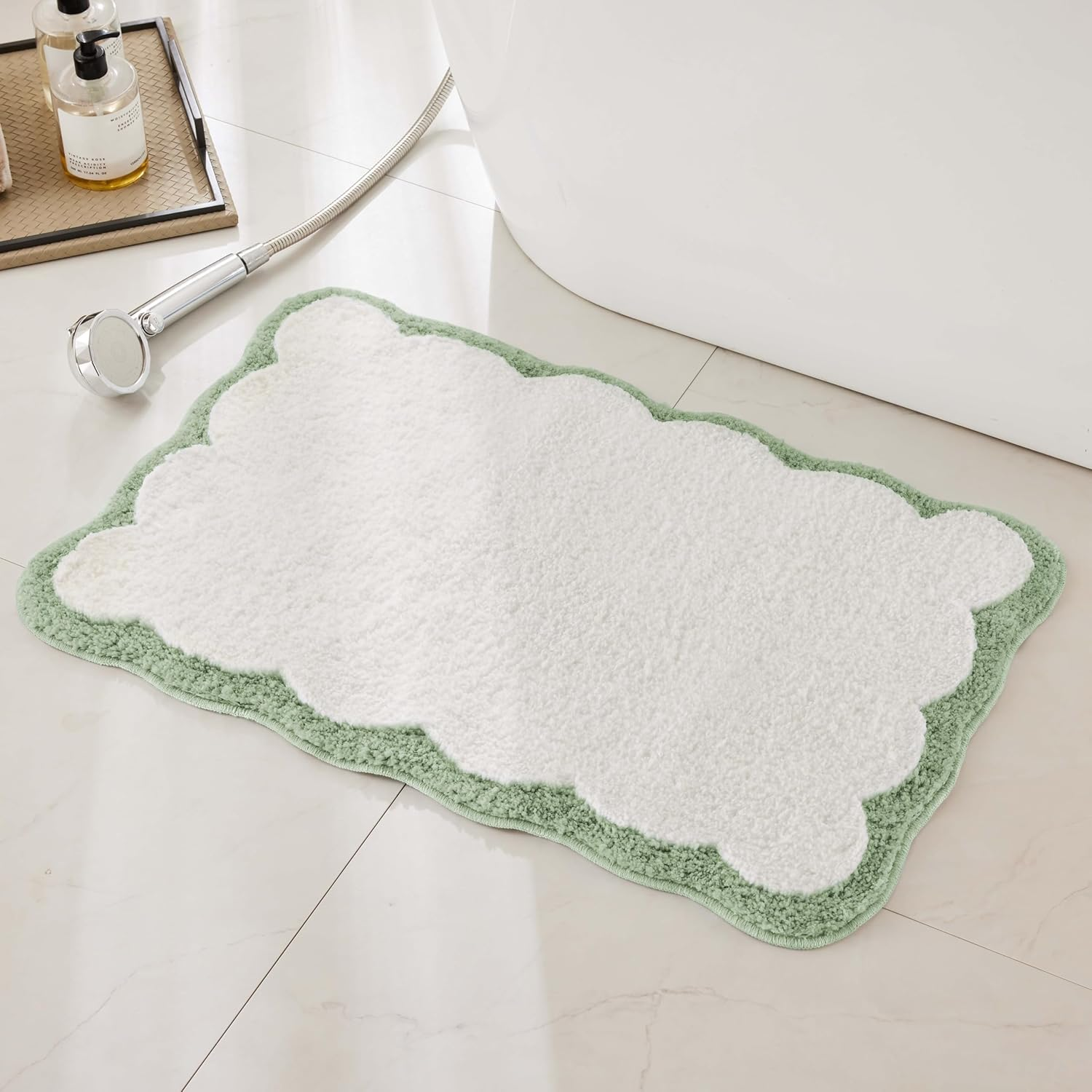 Luxury Microfiber Bathroom Rugs, White Bath Rug with Sage Green Scalloped Piping