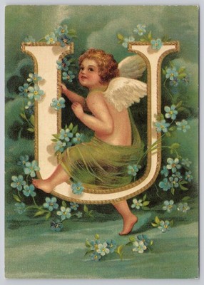 Postcard Unsigned Clapsaddle Angel Alphabet Letter U Forget-Me-Nots 69M