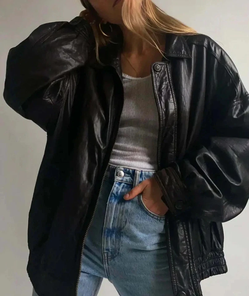 Women 90's Oversized Black Bomber Leather Jacket | Women Biker Black Jacket
