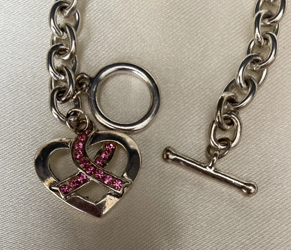 PULSERA ROSA CON ESTRÁS CONCIENTIZACIÓN SOBRE EL CÁNCER DE MAMA CON CORAZÓN 7”~VENTA DE NAVIDAD~ Foto 2 de 4