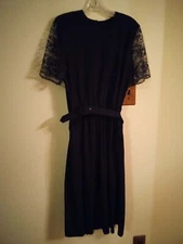 California Looks vintage sheer black dress, belted, lace sleeves, size 10